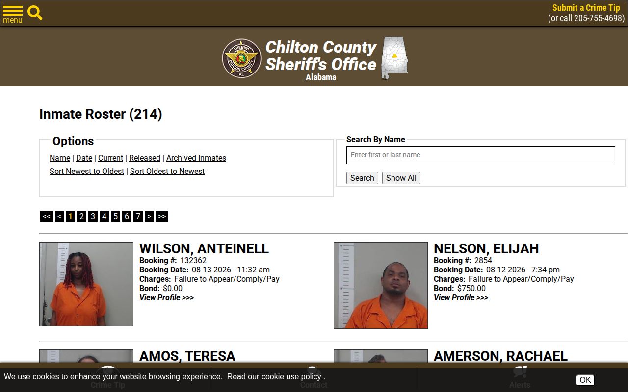 Chilton County current booking roster search interface