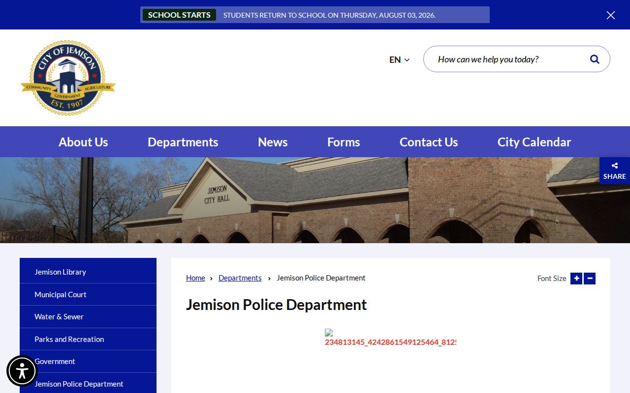 Jemison Police Department arrest record contact page